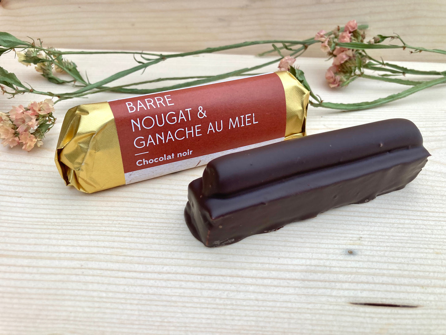 Barre nougat, ganache au miel et chocolat noir