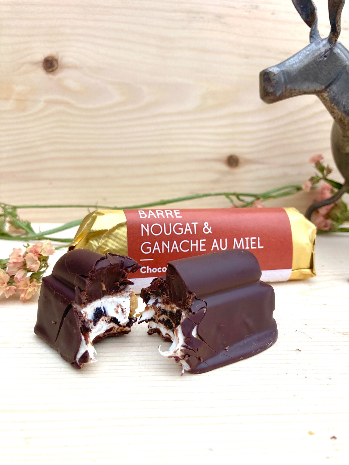 Barre nougat, ganache au miel et chocolat noir